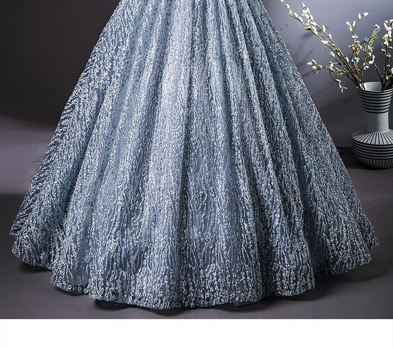 Short-Sleeve Square Neck Embroidered Sequin A-Line Evening Gown
