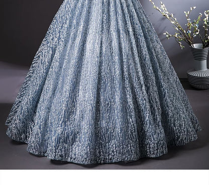Short-Sleeve Square Neck Embroidered Sequin A-Line Evening Gown