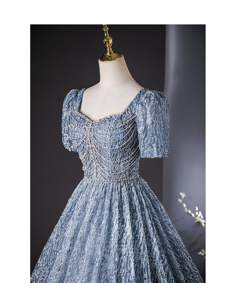 Short-Sleeve Square Neck Embroidered Sequin A-Line Evening Gown