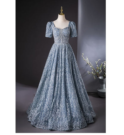Short-Sleeve Square Neck Embroidered Sequin A-Line Evening Gown