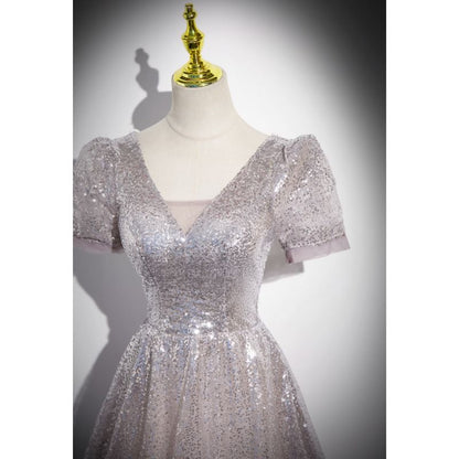 Sleeve V-Neck Short Gown A-Line Evening Sequin