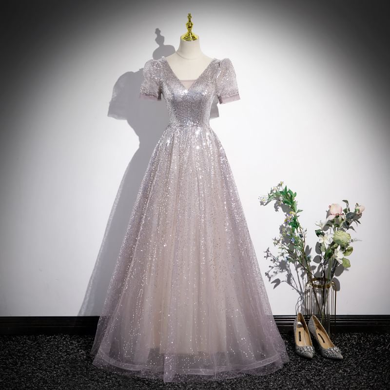 Sleeve V-Neck Short Gown A-Line Evening Sequin