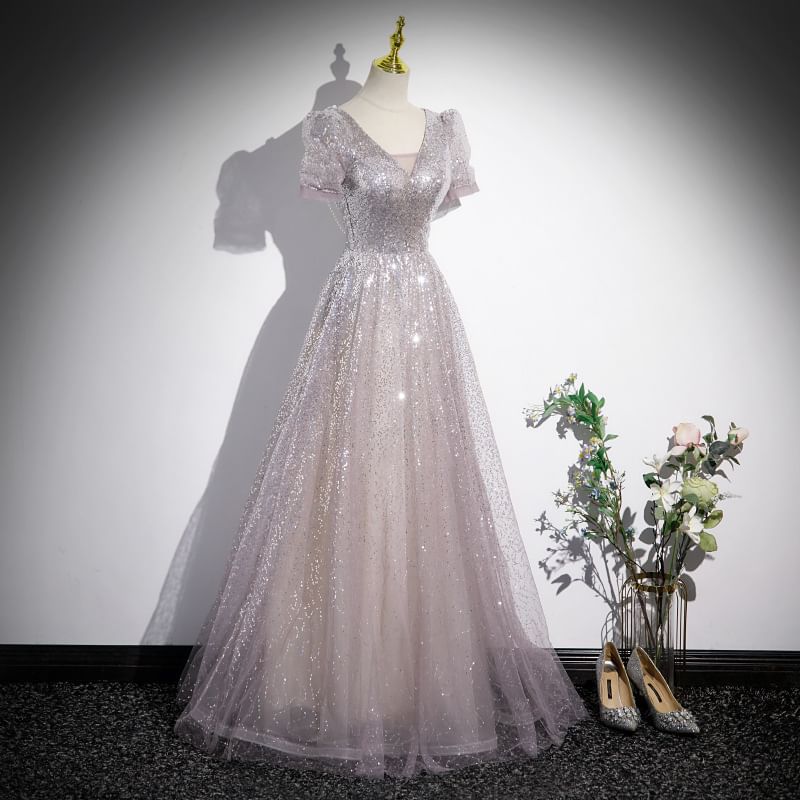 Sleeve V-Neck Short Gown A-Line Evening Sequin