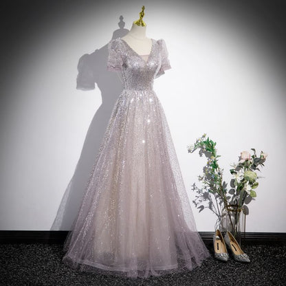 Sleeve V-Neck Short Gown A-Line Evening Sequin