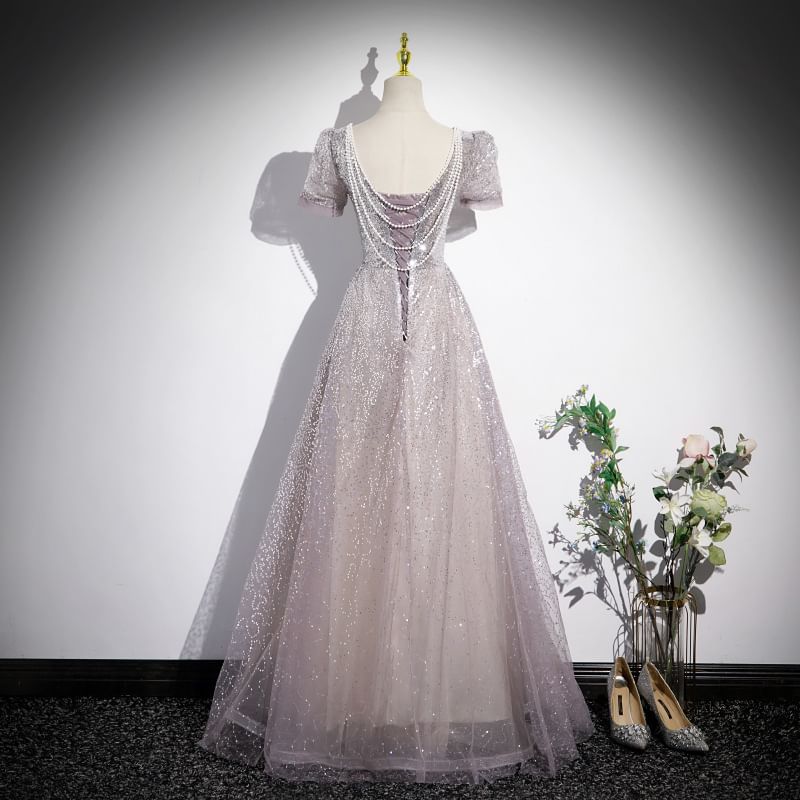 Sleeve V-Neck Short Gown A-Line Evening Sequin