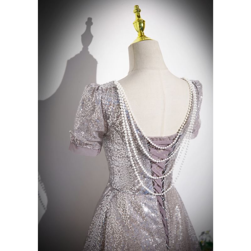 Sleeve V-Neck Short Gown A-Line Evening Sequin
