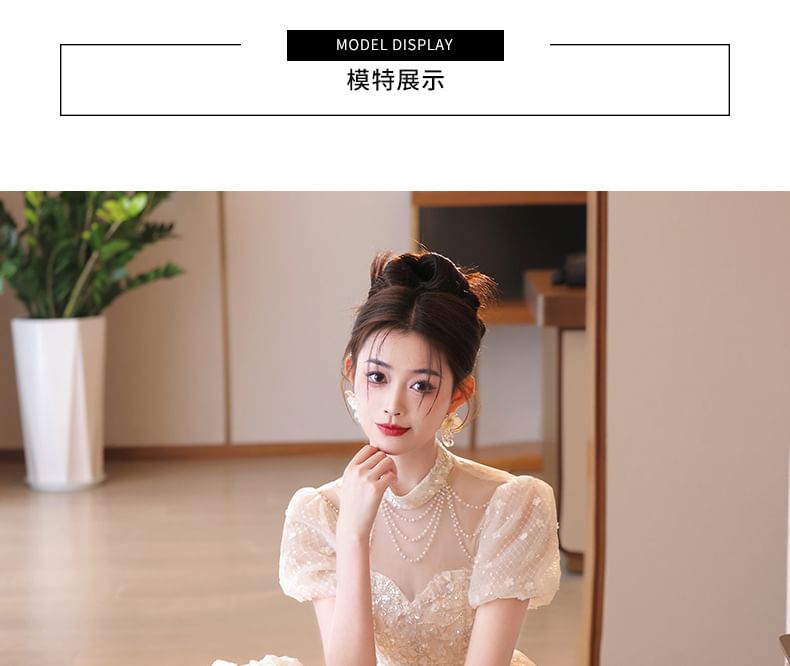 Sequin Mock Neck Short Sleeve A-Line Evening Gown