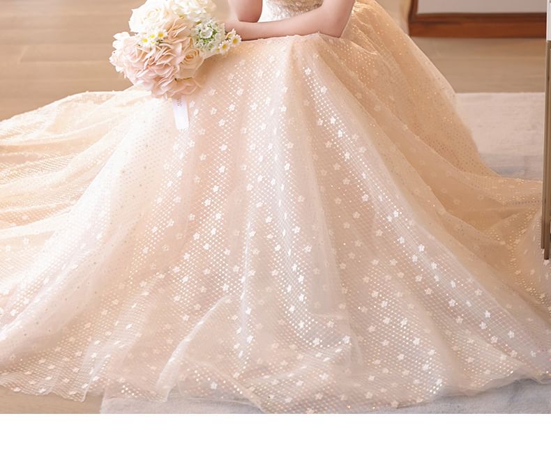 Sequin Mock Neck Short Sleeve A-Line Evening Gown