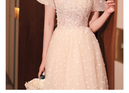 Sequin Mock Neck Short Sleeve A-Line Evening Gown