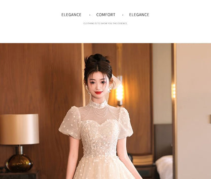 Sequin Mock Neck Short Sleeve A-Line Evening Gown