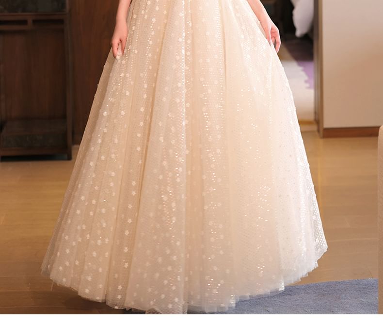 Sequin Mock Neck Short Sleeve A-Line Evening Gown