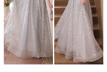 Cold Shoulder Ruffle Sleeve Sequin A-Line Evening Gown