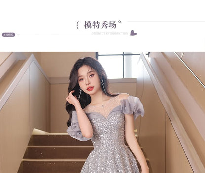 Cold Shoulder Ruffle Sleeve Sequin A-Line Evening Gown