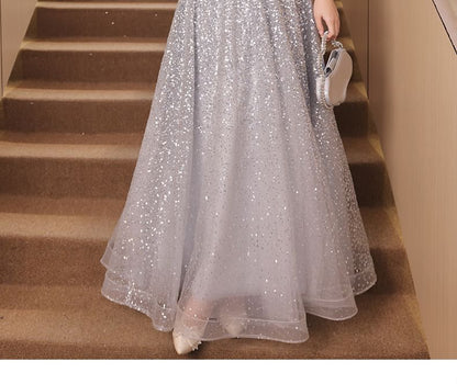 Cold Shoulder Ruffle Sleeve Sequin A-Line Evening Gown