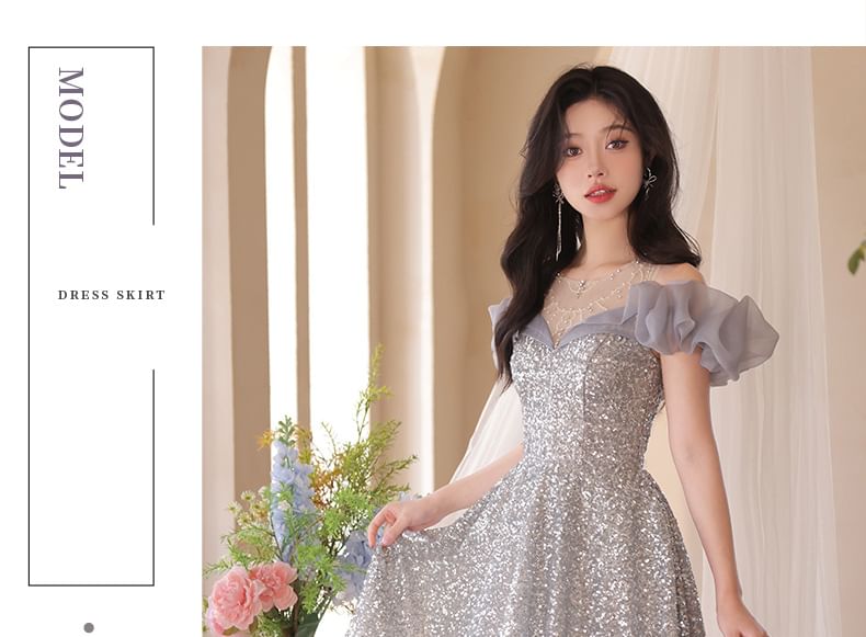 Cold Shoulder Ruffle Sleeve Sequin A-Line Evening Gown