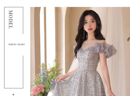 Cold Shoulder Ruffle Sleeve Sequin A-Line Evening Gown