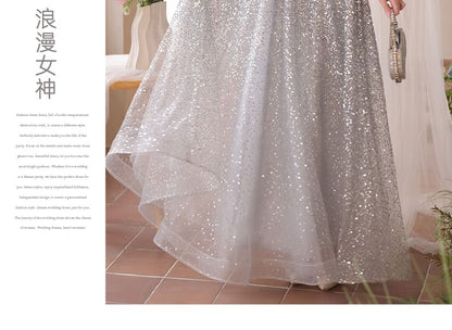 Cold Shoulder Ruffle Sleeve Sequin A-Line Evening Gown