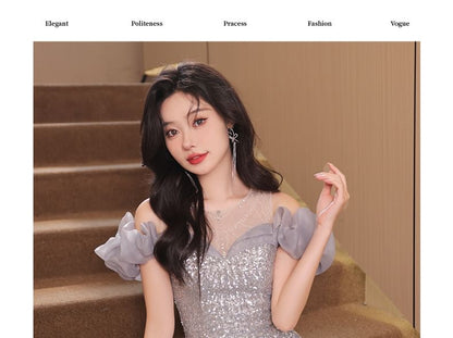 Cold Shoulder Ruffle Sleeve Sequin A-Line Evening Gown