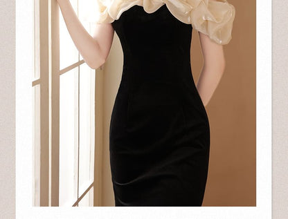 Halter Neck Off Shoulder Ruffle Velvet Mermaid Evening Gown
