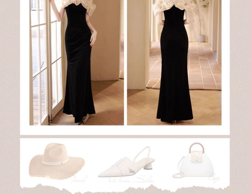 Halter Neck Off Shoulder Ruffle Velvet Mermaid Evening Gown