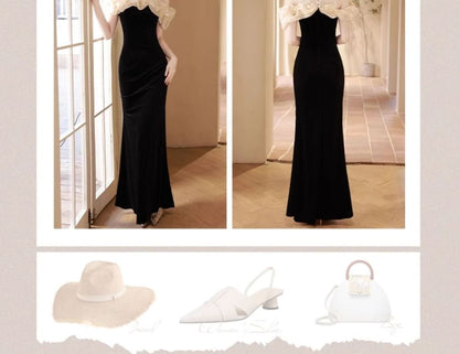Halter Neck Off Shoulder Ruffle Velvet Mermaid Evening Gown
