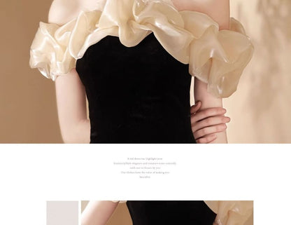 Halter Neck Off Shoulder Ruffle Velvet Mermaid Evening Gown