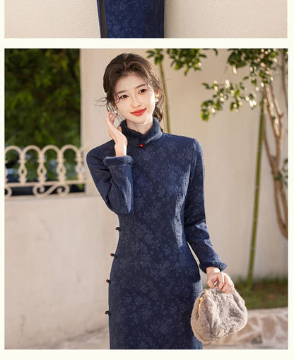 Long-Sleeve Floral Fluffy Trim Maxi Qipao
