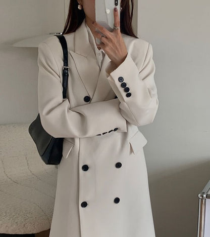 Peak Lapel Plain Midi Double Breasted Coat