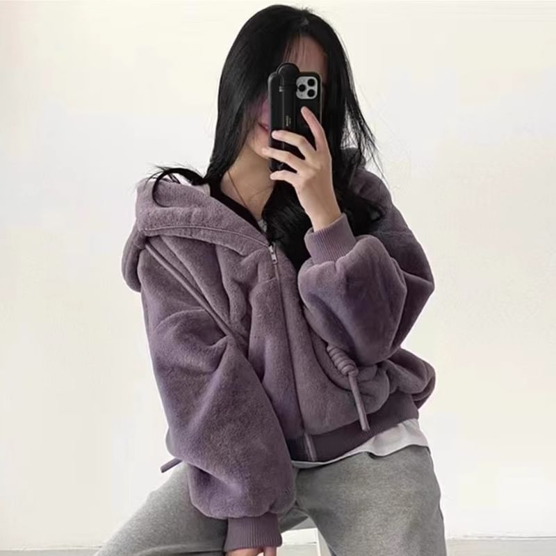Plain Fluffy Hood Zip Jacket