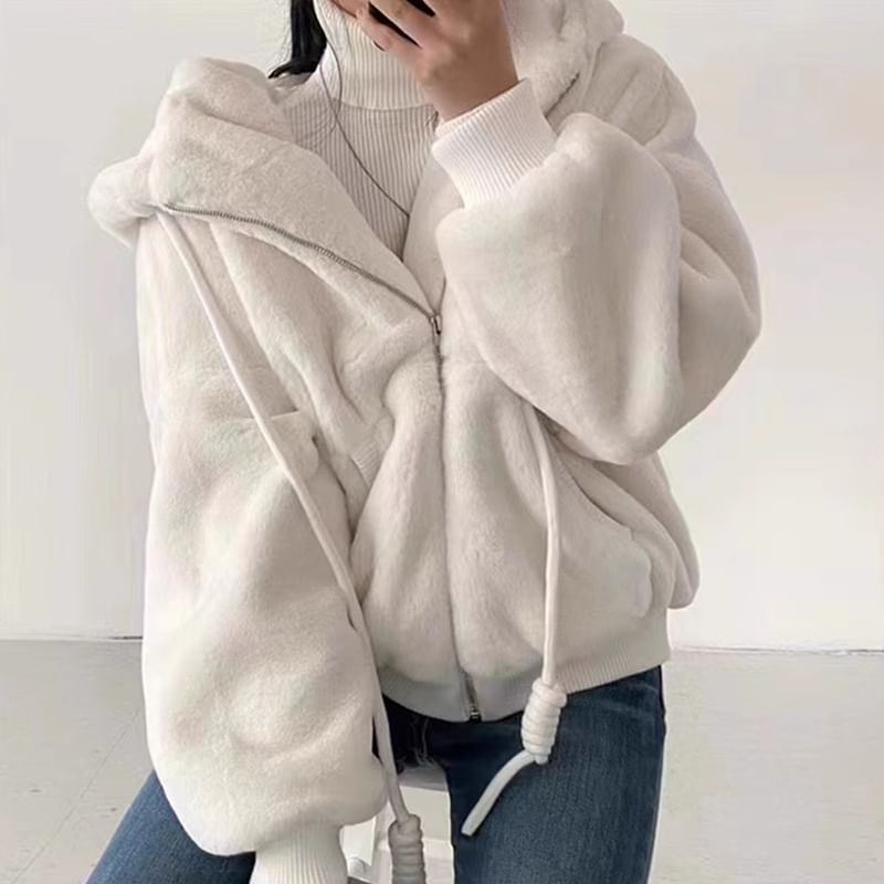 Plain Fluffy Hood Zip Jacket