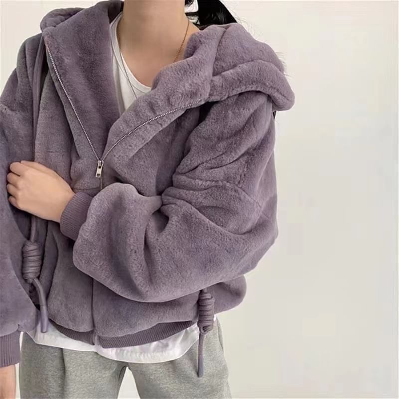 Plain Fluffy Hood Zip Jacket