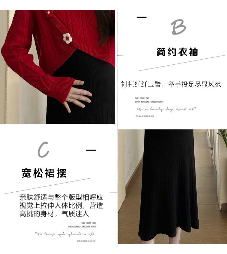 Maternity Long-Sleeve Crew Neck Asymmetrical Floral Accent Cable Knit Crop Top / Sleeveless Square Neck Plain Midi A-Line Dress