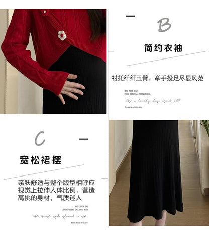 Maternity Long-Sleeve Crew Neck Asymmetrical Floral Accent Cable Knit Crop Top / Sleeveless Square Neck Plain Midi A-Line Dress