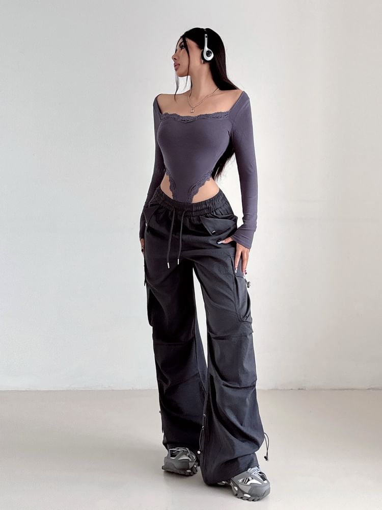 High Rise Plain Drawstring Baggy Cargo Pants