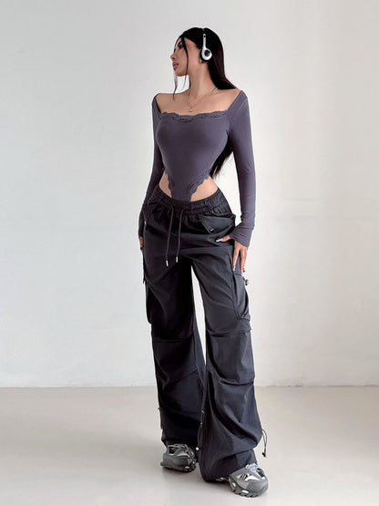 High Rise Plain Drawstring Baggy Cargo Pants