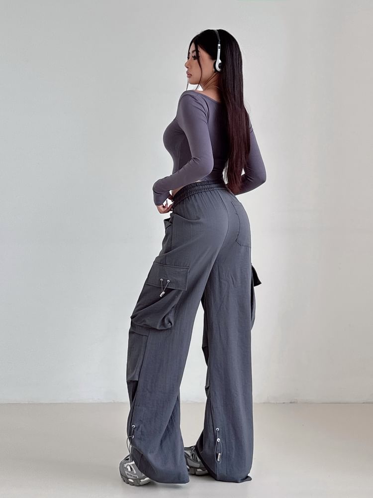 High Rise Plain Drawstring Baggy Cargo Pants