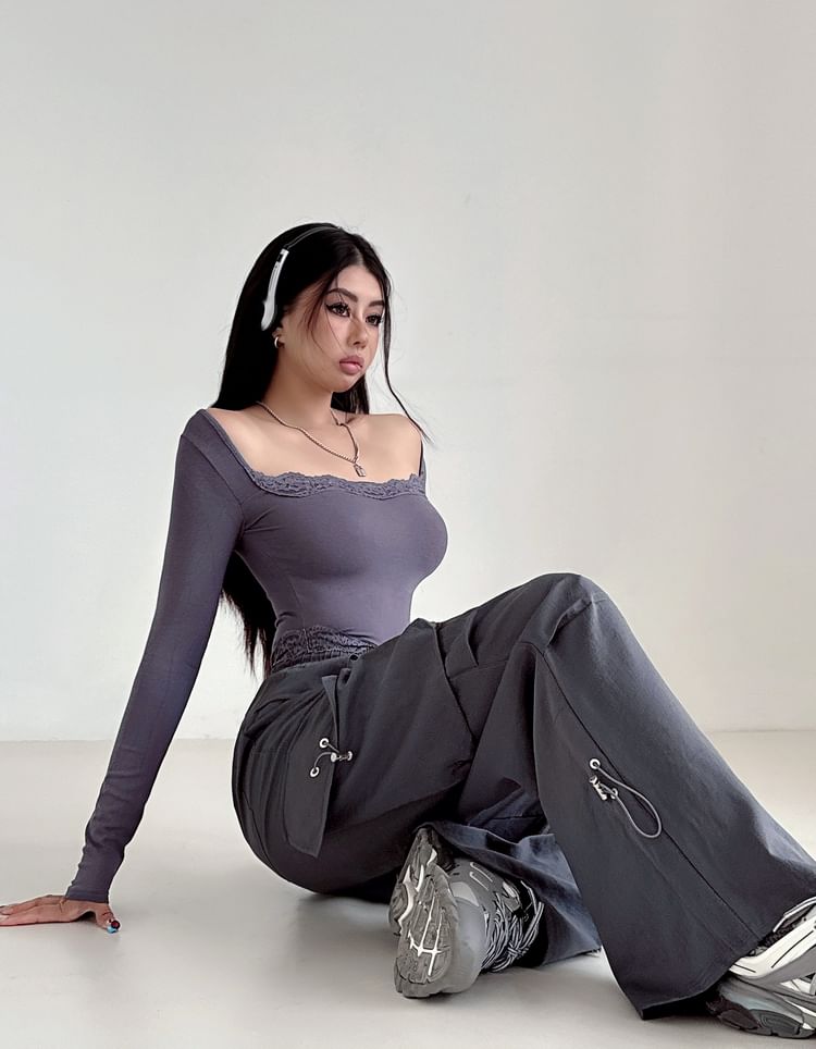 High Rise Plain Drawstring Baggy Cargo Pants