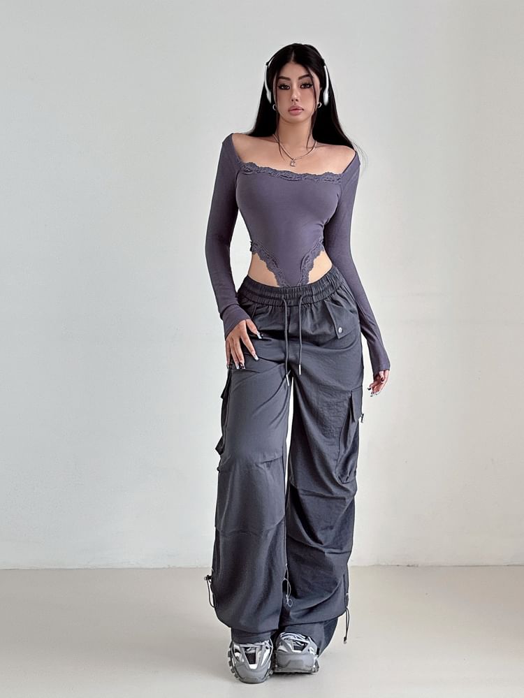 High Rise Plain Drawstring Baggy Cargo Pants