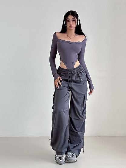 High Rise Plain Drawstring Baggy Cargo Pants