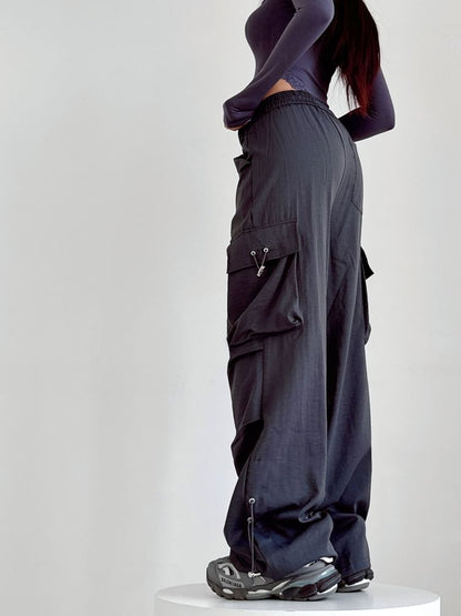 High Rise Plain Drawstring Baggy Cargo Pants