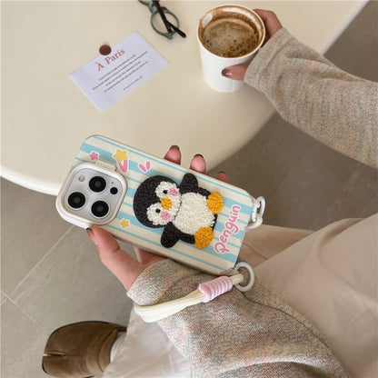 Penguin Embroidered Phone Case / Strap / Set - iPhone 16 Pro Max / 16 Pro / 16 Plus / 16 / 15 Pro Max / 15 Pro / 15 Plus / 15 / 14 Pro Max / 14 Pro / 14 Plus / 14 / 13 Pro Max / 13 Pro / 13 / 13 Mini