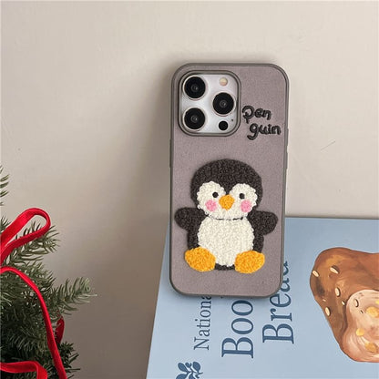 Penguin Embroidered Phone Case / Faux Leather Strap / Set - iPhone 16 Pro Max / 16 Pro / 16 Plus / 16 / 15 Pro Max / 15 Pro / 15 Plus / 15 / 14 Pro Max / 14 Pro / 14 Plus / 14 / 13 Pro Max / 13 Pro / 13 / 13 Mini