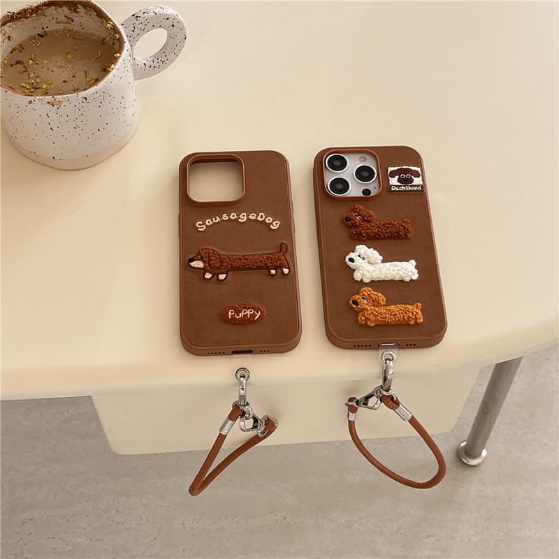 Dog Embroidered Phone Case / Strap / Set - iPhone 16 Pro Max / 16 Pro / 16 Plus / 16 / 15 Pro Max / 15 Pro / 15 Plus / 15 / 14 Pro Max / 14 Pro / 14 Plus / 14 / 13 Pro Max / 13 Pro / 13 / 13 Mini