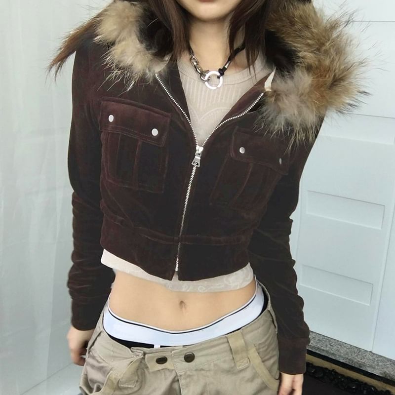 Long Sleeve Plain Furry-Trim Zip-Up Crop Hooded Jacket
