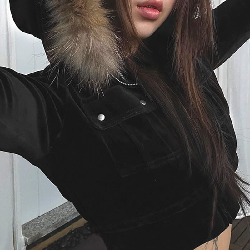 Long Sleeve Plain Furry-Trim Zip-Up Crop Hooded Jacket