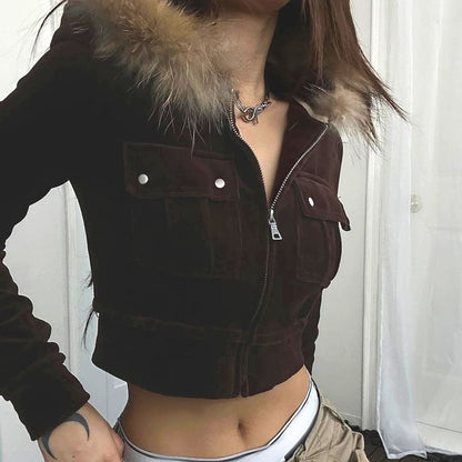 Long Sleeve Plain Furry-Trim Zip-Up Crop Hooded Jacket