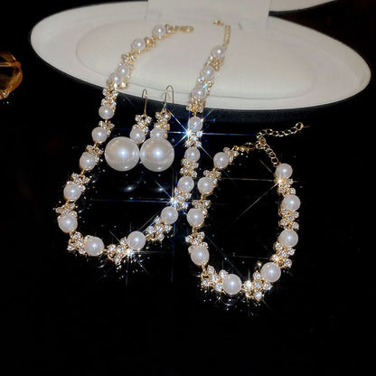 Floral Rhinestone Faux Pearl Drop Hook Earring / Bracelet / Necklace