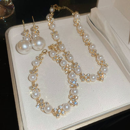 Floral Rhinestone Faux Pearl Drop Hook Earring / Bracelet / Necklace