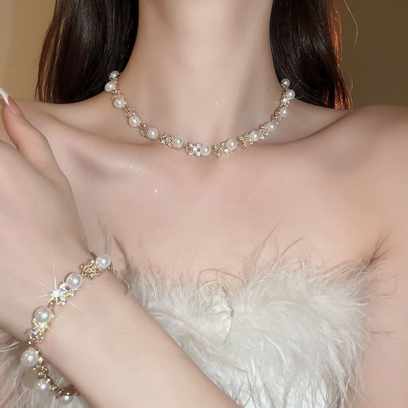 Floral Rhinestone Faux Pearl Drop Hook Earring / Bracelet / Necklace