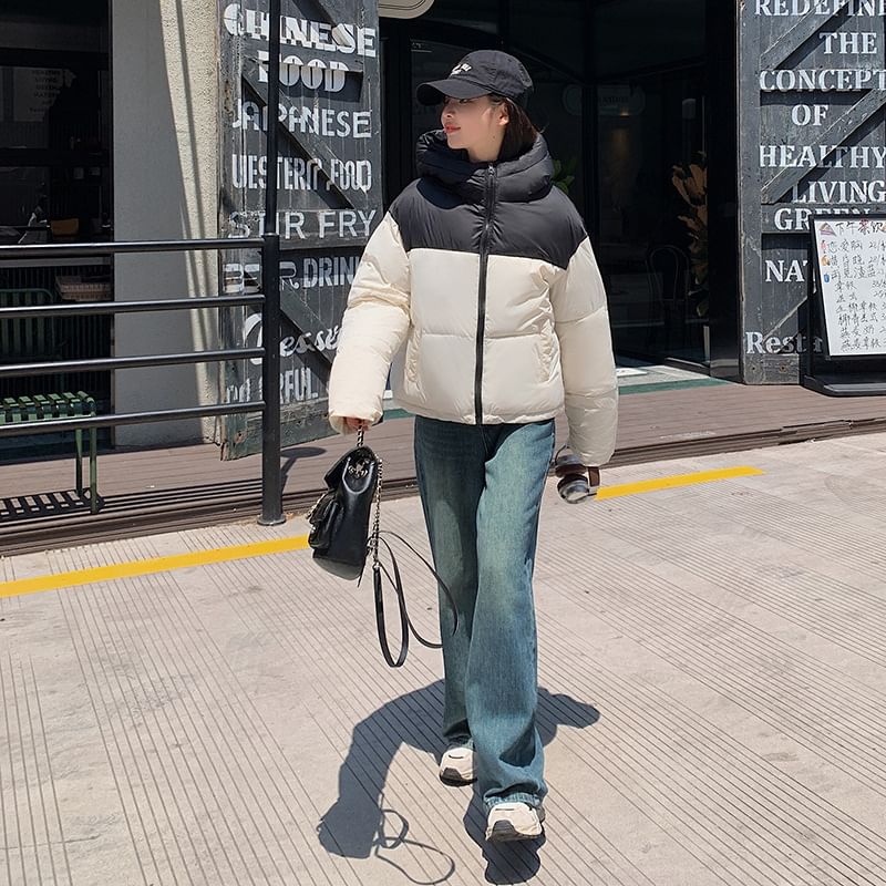 Mock Neck Two Tone Zip-Up Puffer Jacket